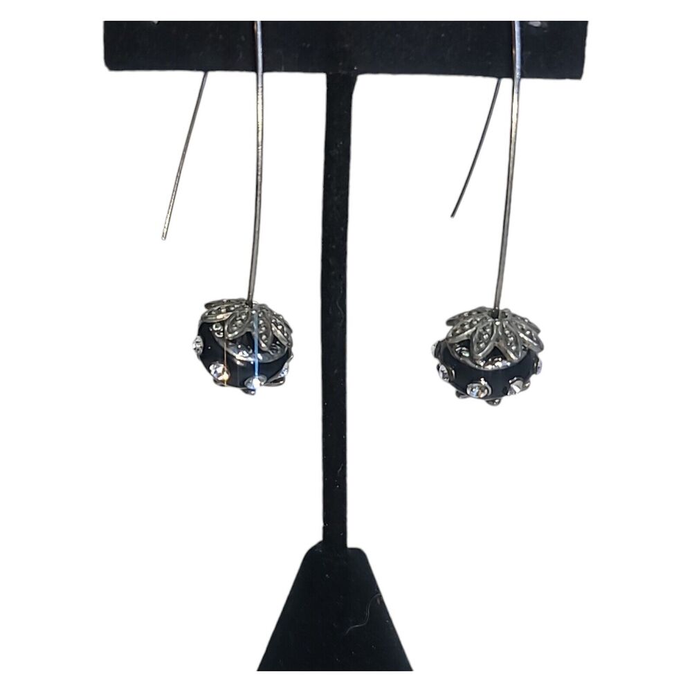 Silver‎ Tone Black Glass & Crystal Rhinestone Drop Dangle Earrings